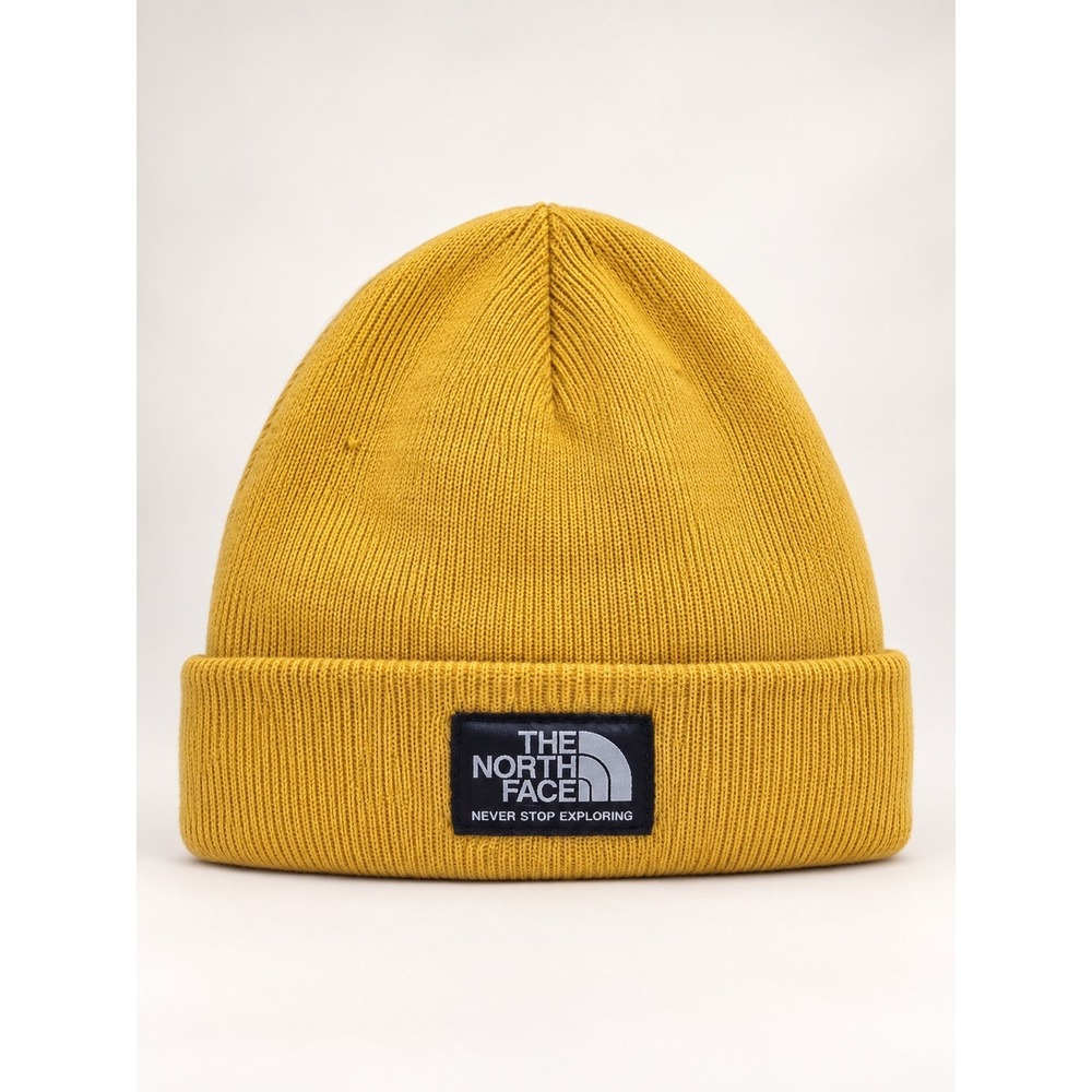 The North Face Logo Patch Beanie Mustard Yellow Cuffed Knit Hat Gorpcore Unisex
